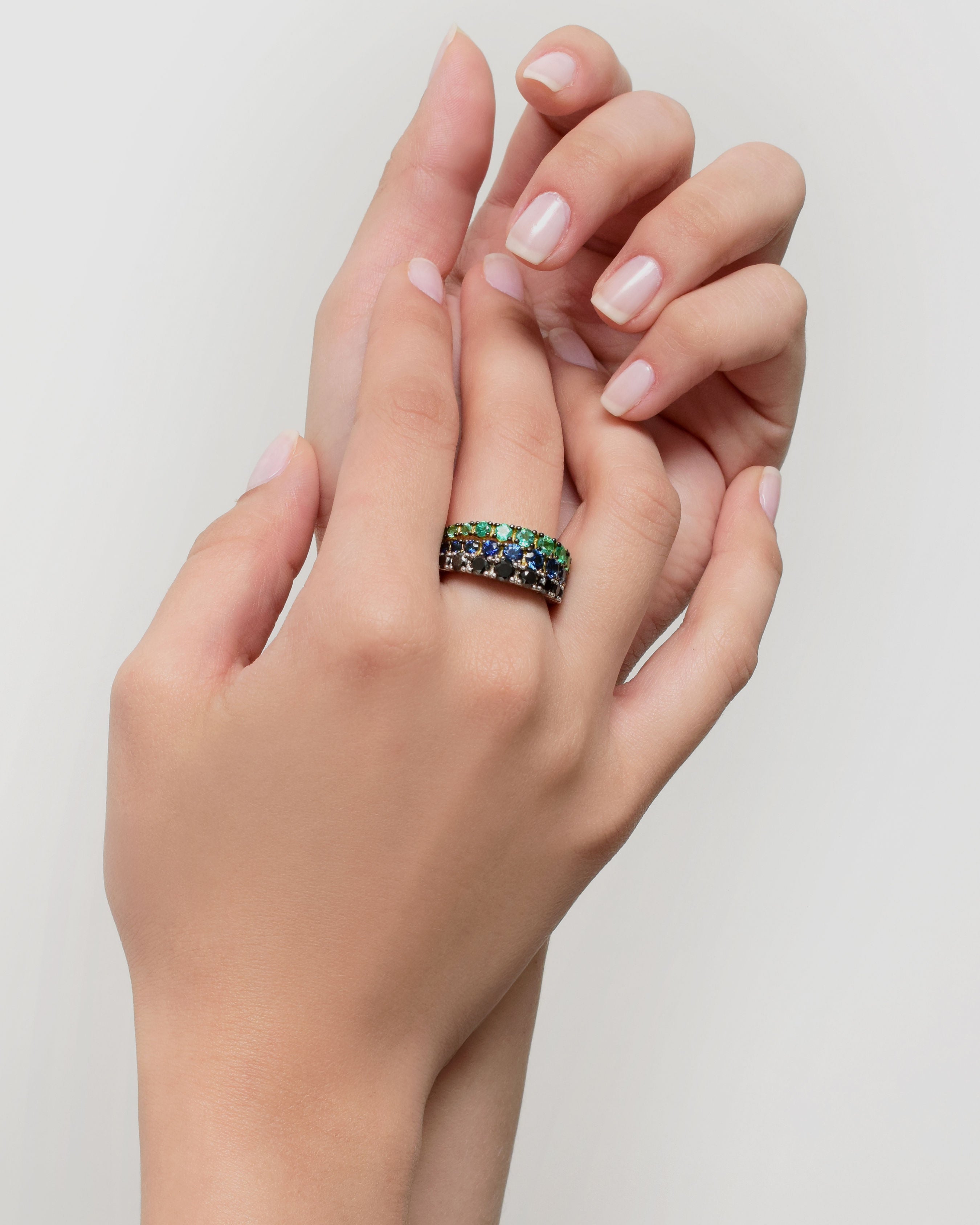 18K Gold Emerald Aura Eternity Ring