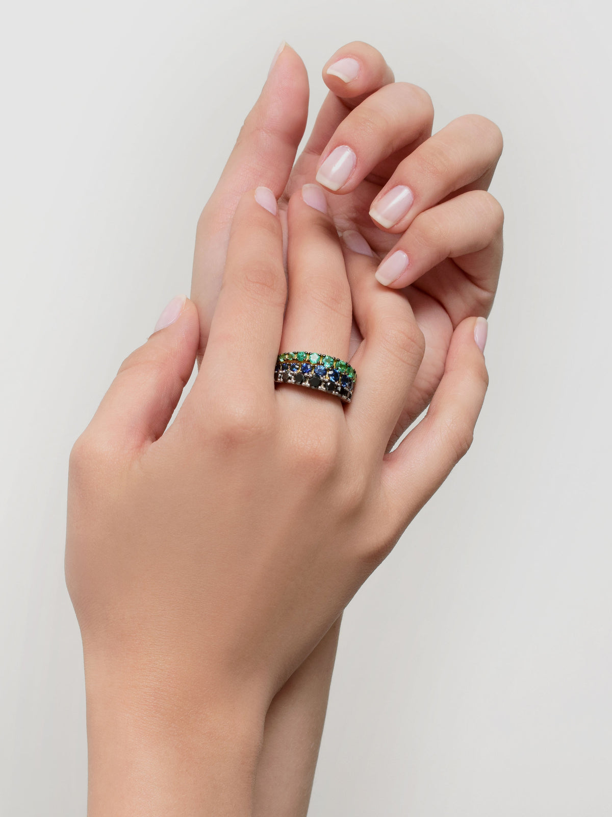 18K Gold Emerald Aura Eternity Ring