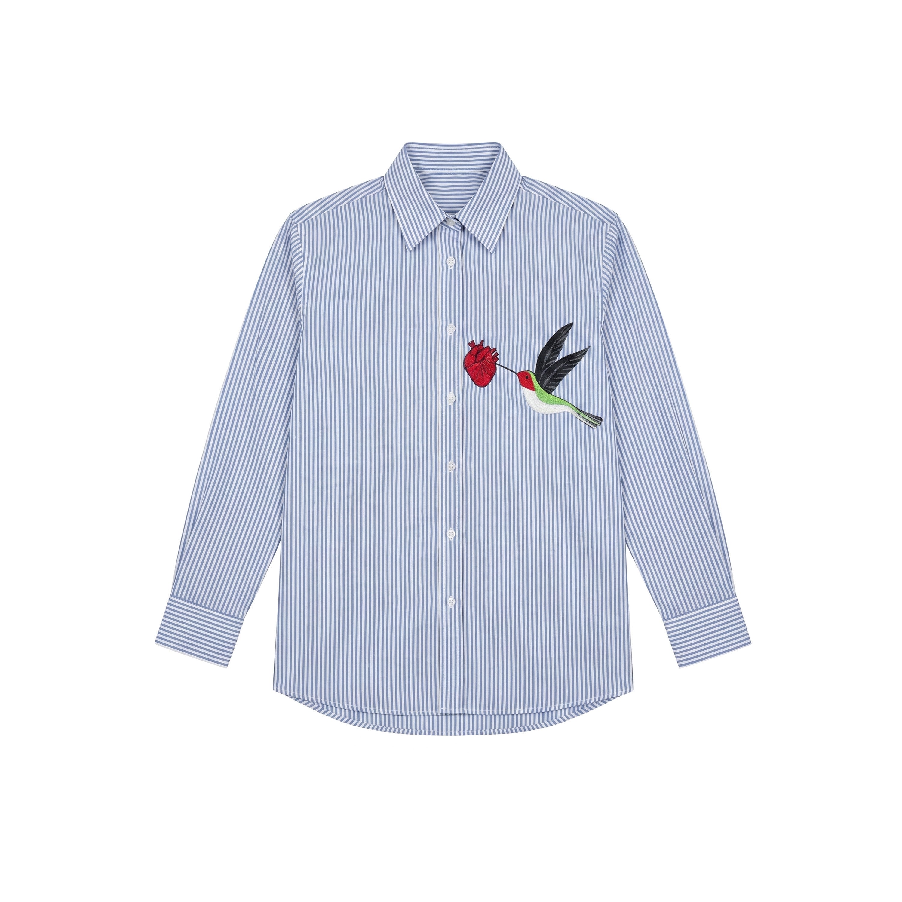Camisa de algodón azul con colibrí y corazón