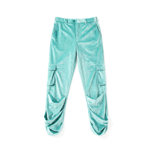 Lake Blue Velvet Pleated Cargo Pants
