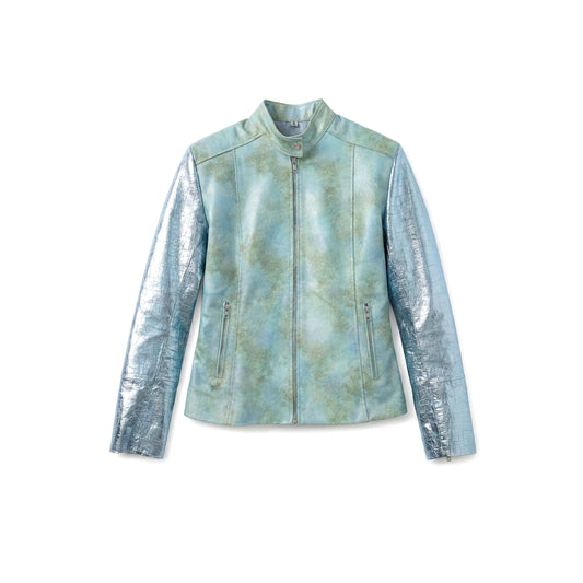 Metallic silver-blue Leather Jacket