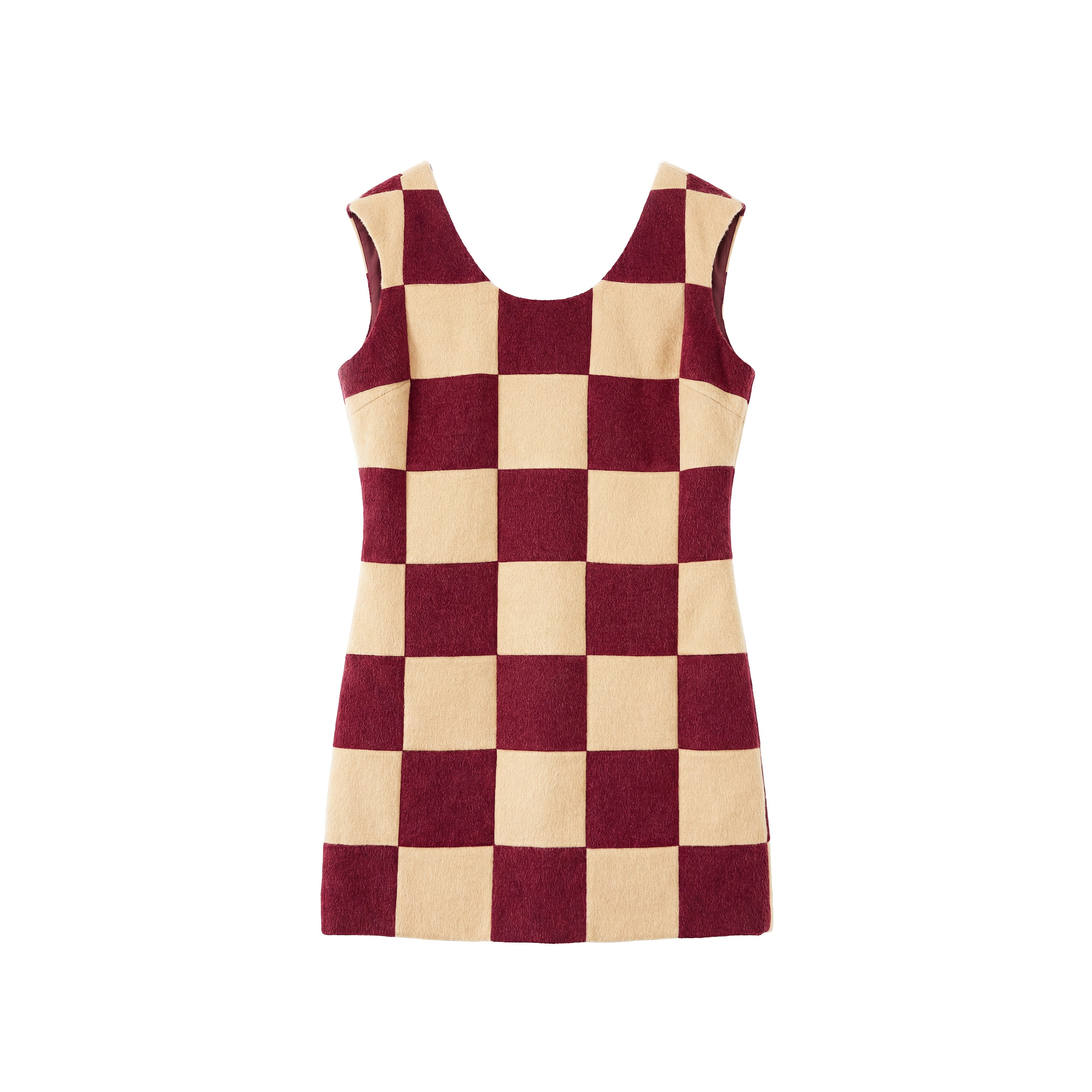 Burgundy & Cream Checkerboard Alpaca Mini Dress