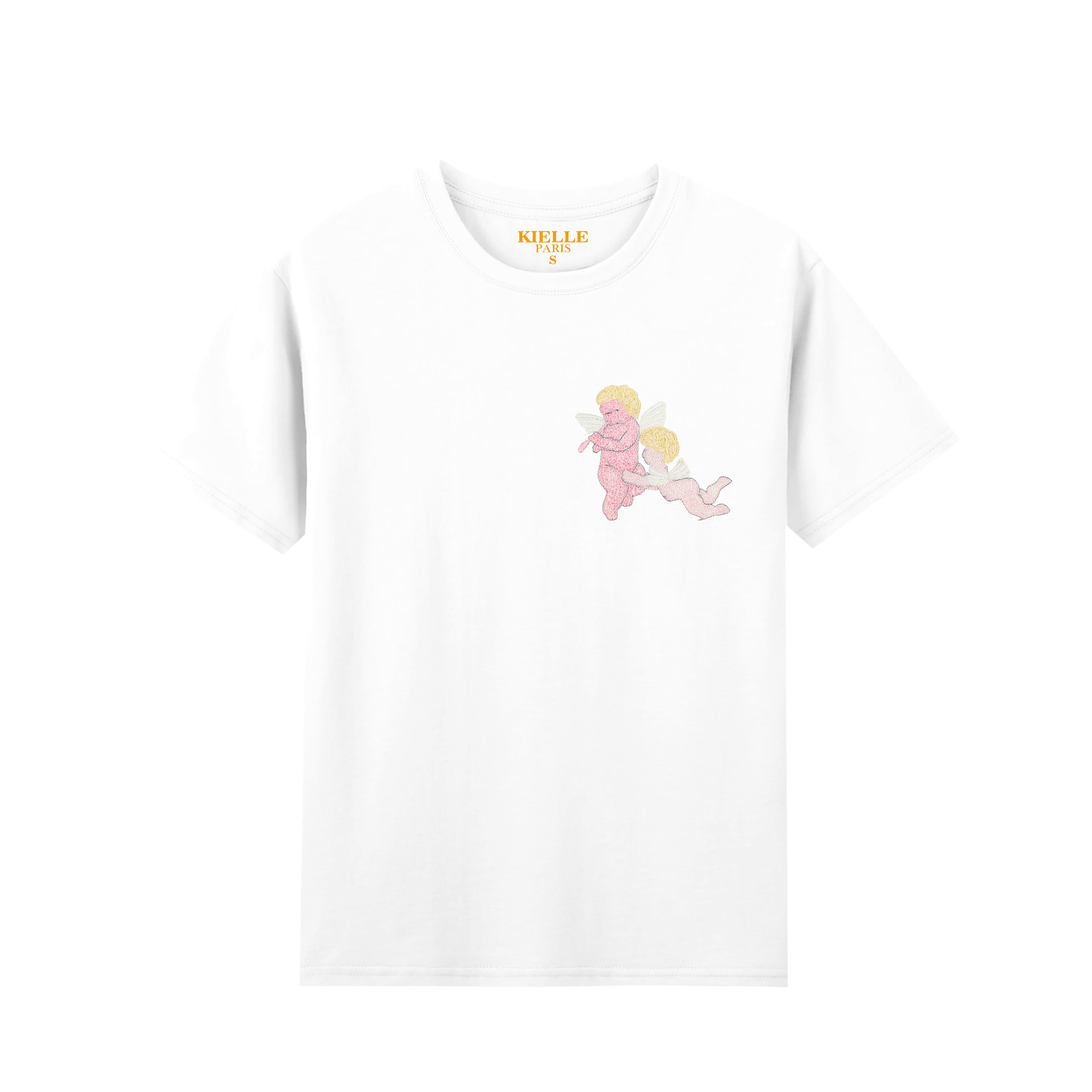 Camiseta unisex blanca bordada "Susurros de querubín"