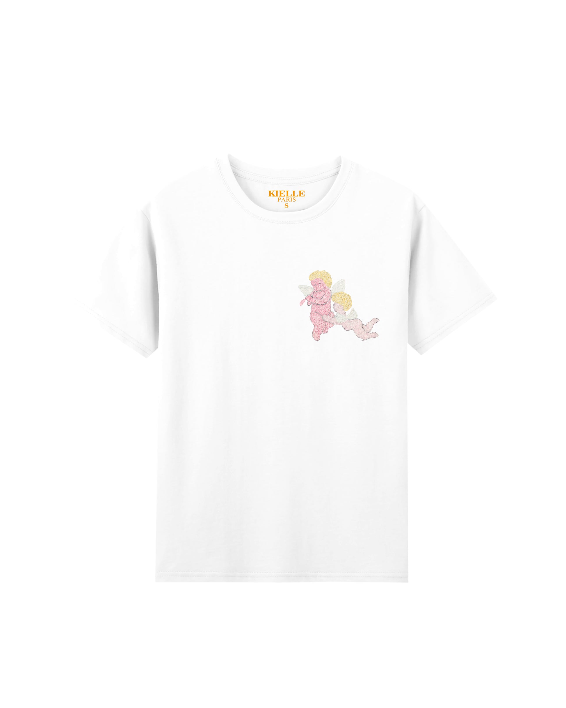 Camiseta unisex blanca bordada "Susurros de querubín"