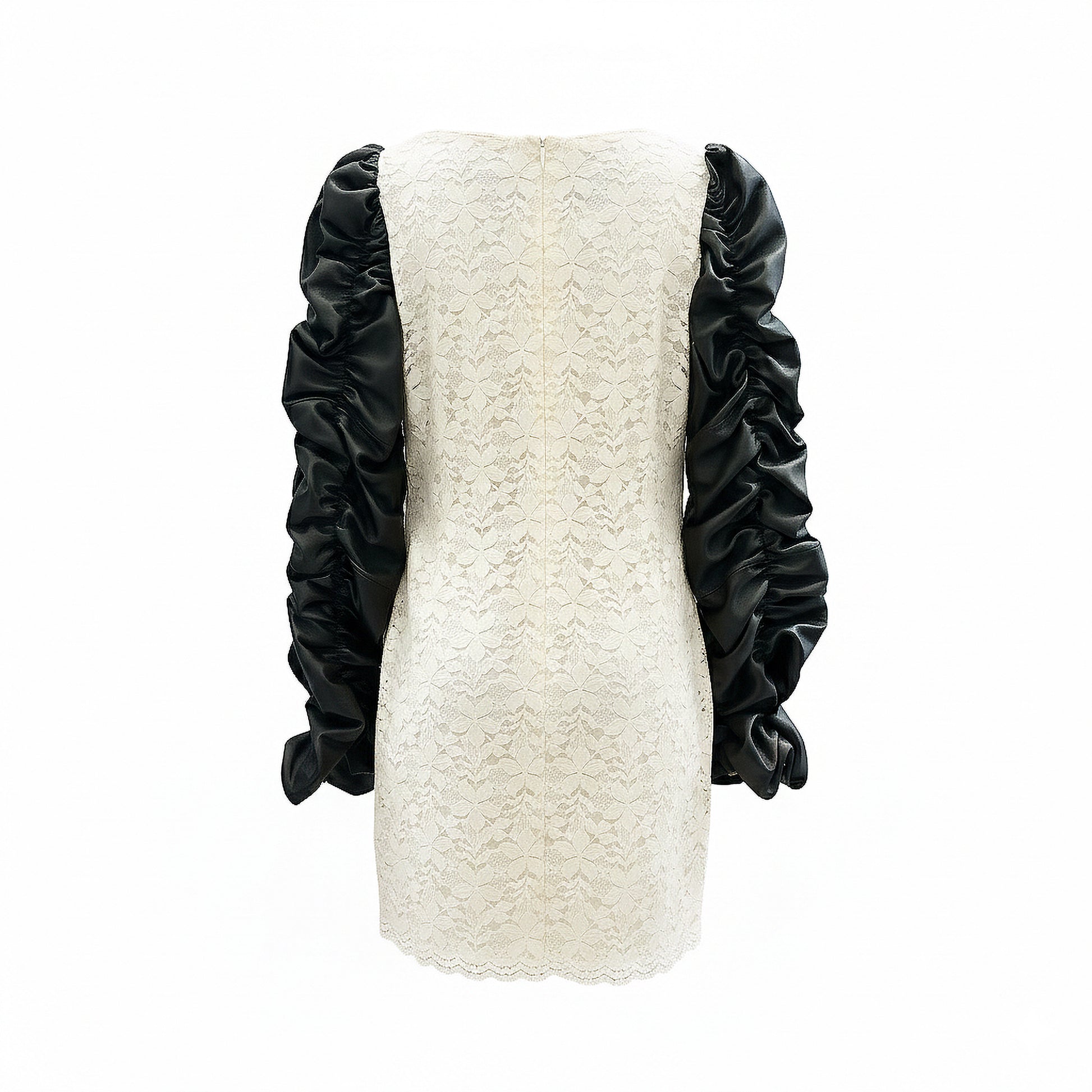 Robe à manches bouffantes en dentelle et cuir d’agneau