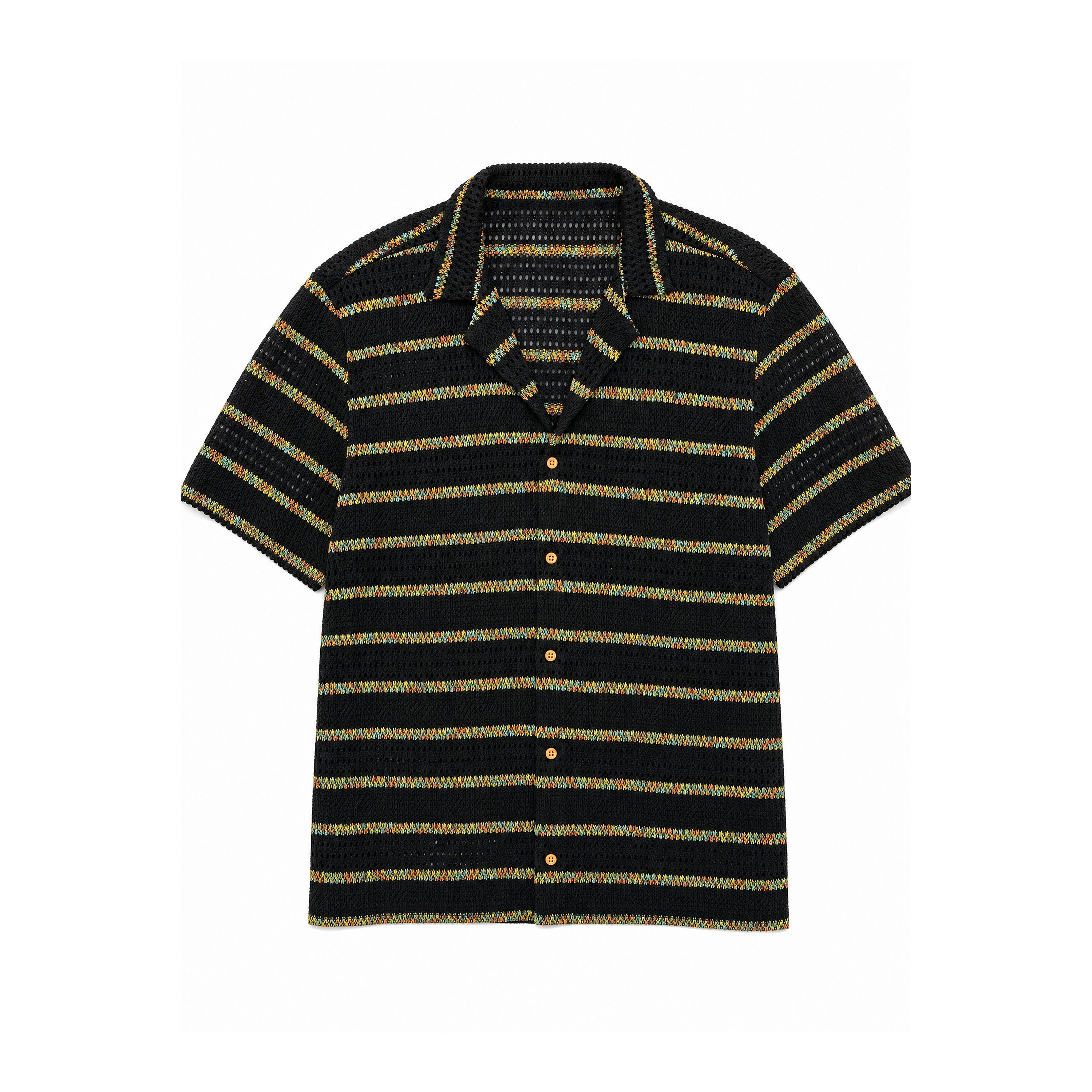 Camisa Negra de Punto Calado con Rayas Multicolor