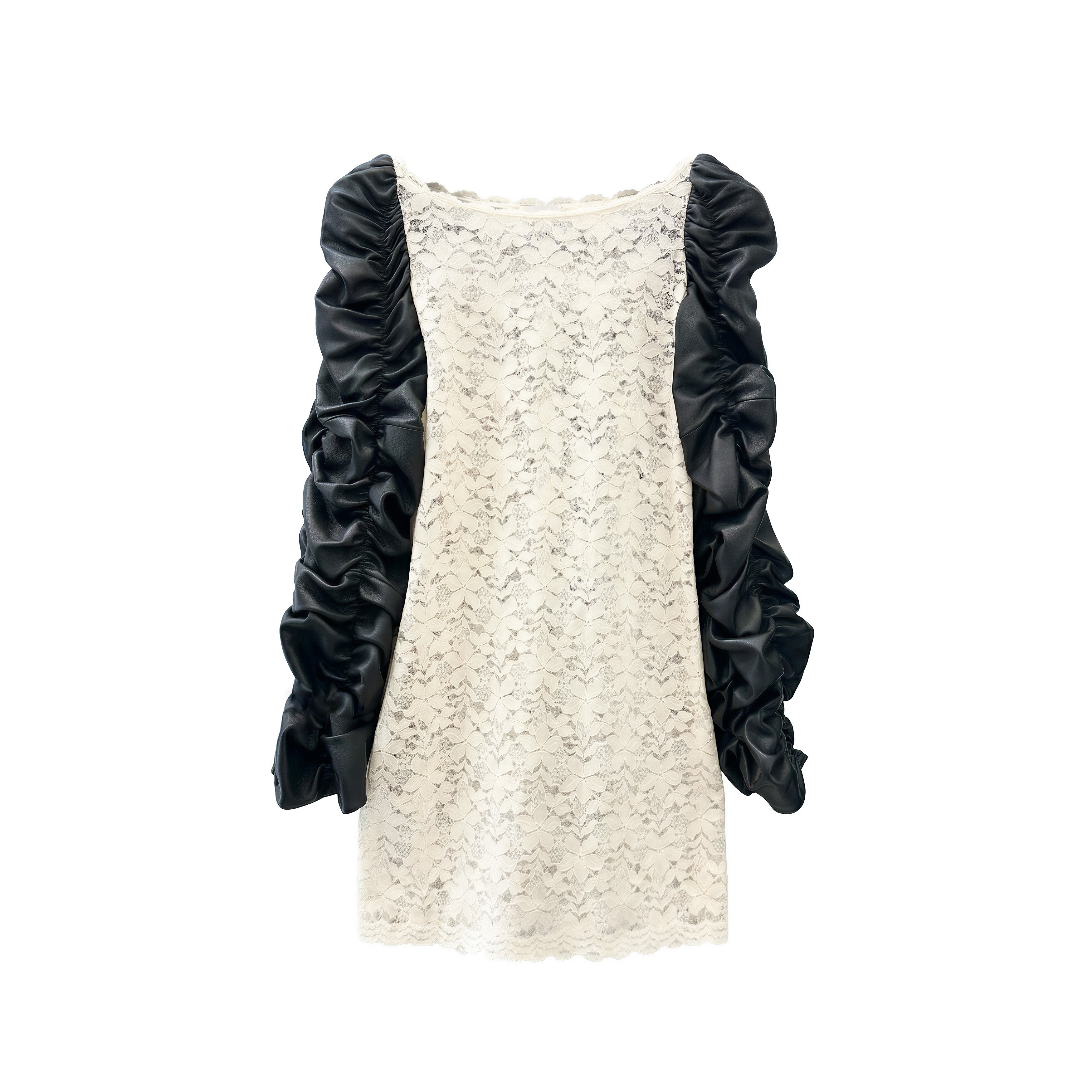 Robe à manches bouffantes en dentelle et cuir d’agneau