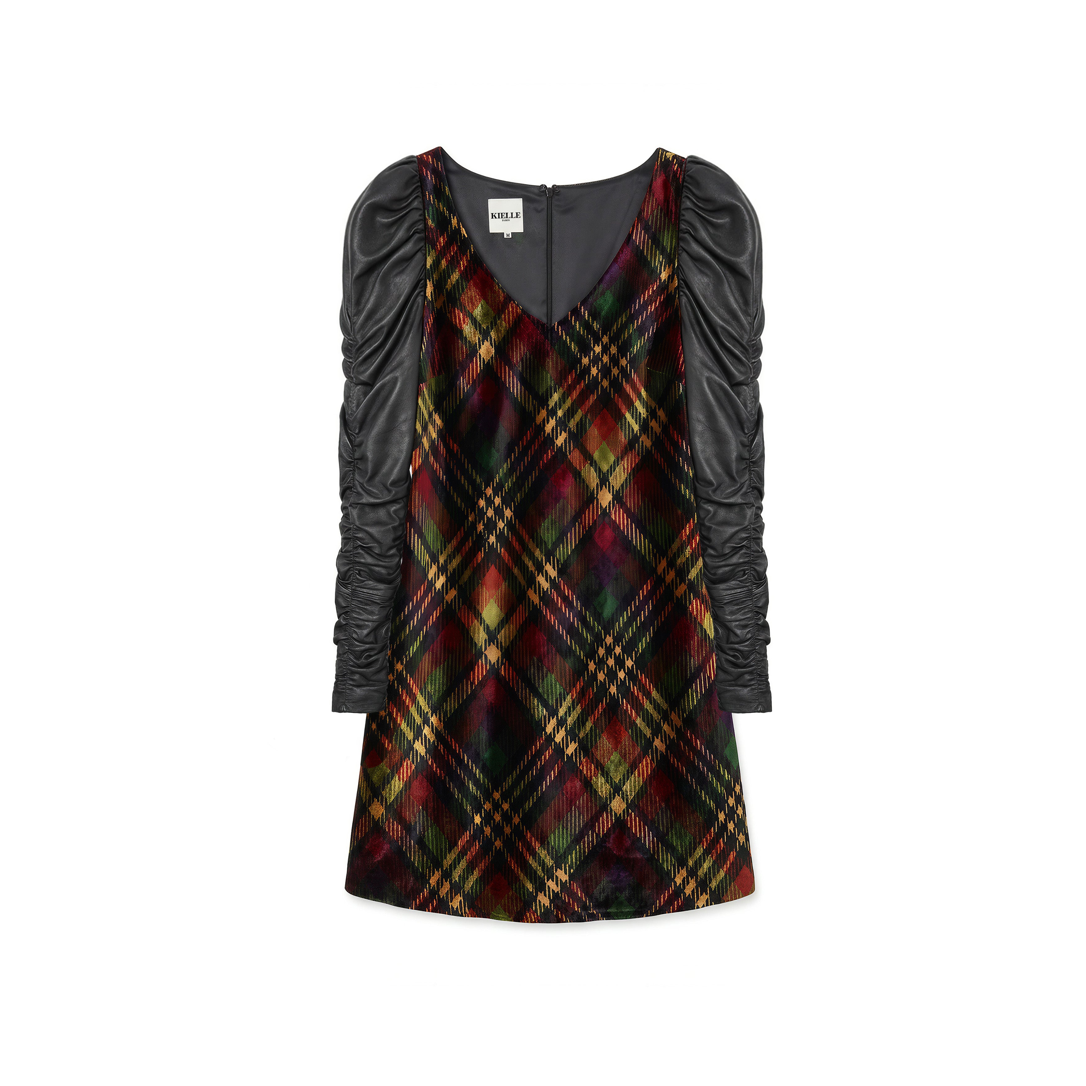 Plaid Silk Velvet & Lambskin Puff-Sleeve Dress