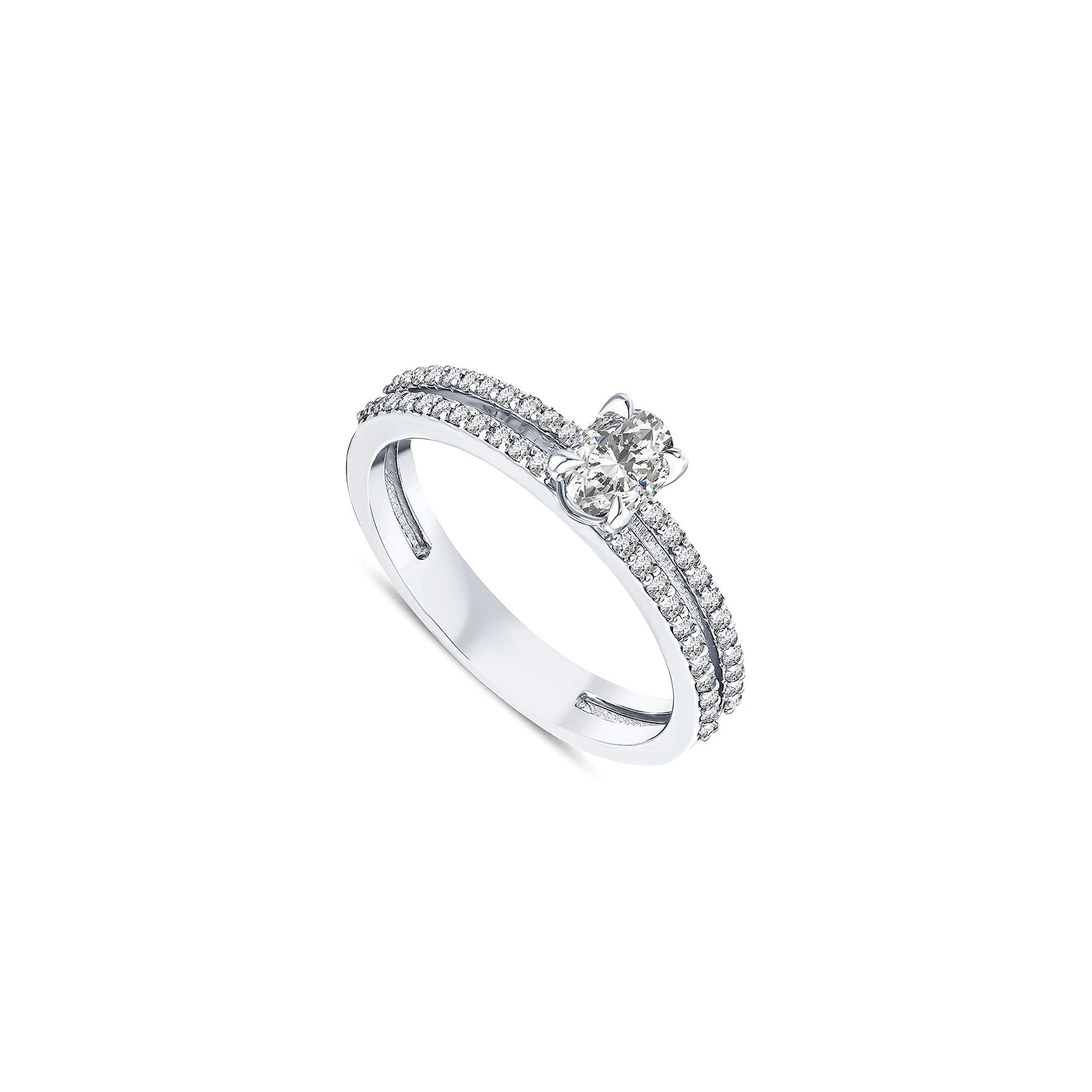 vue de côté bague de fiançailles diamant ovale 0,58 carat en or blanc