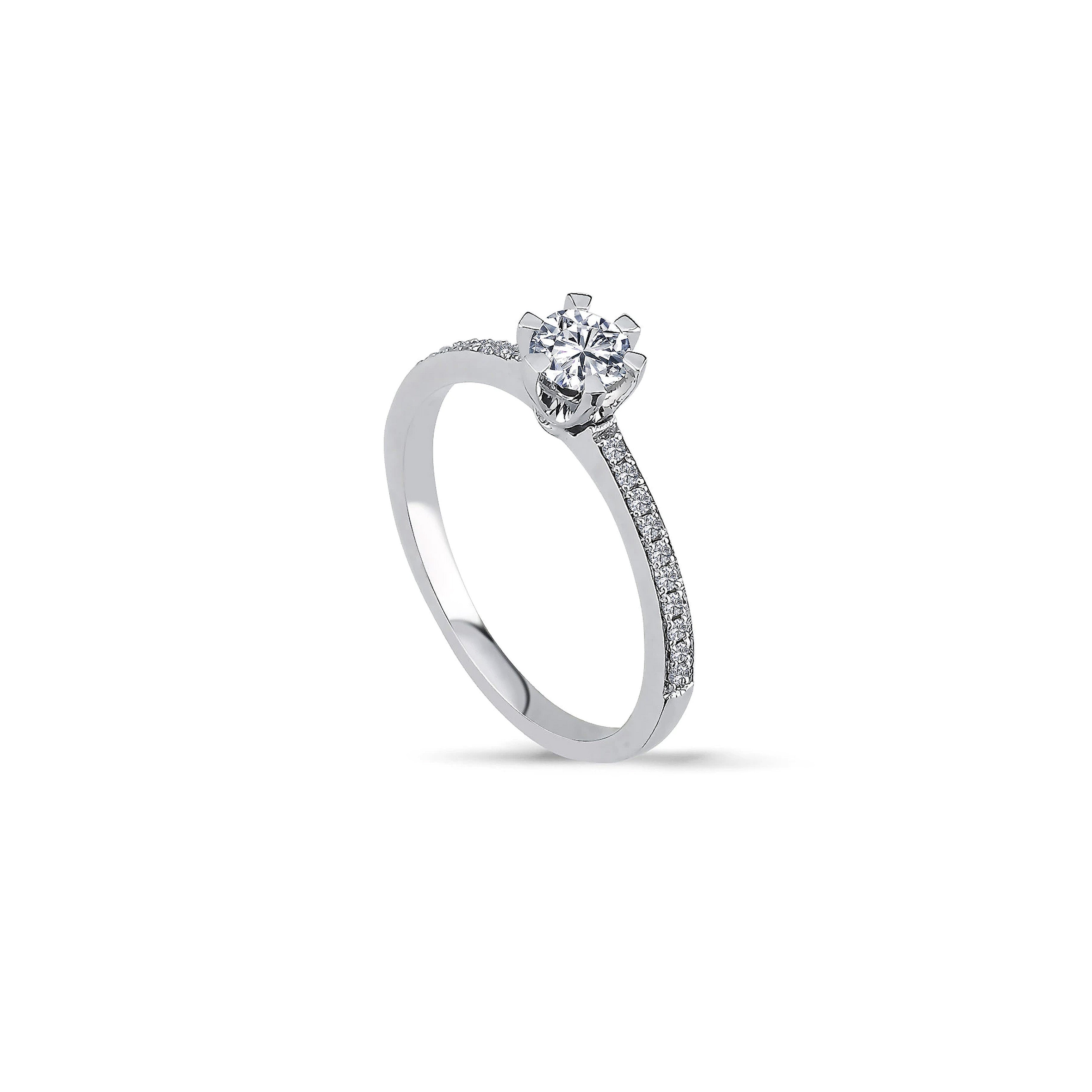 vue de côté bague de fiançailles diamant solitaire rond 0,41 carat en or blanc