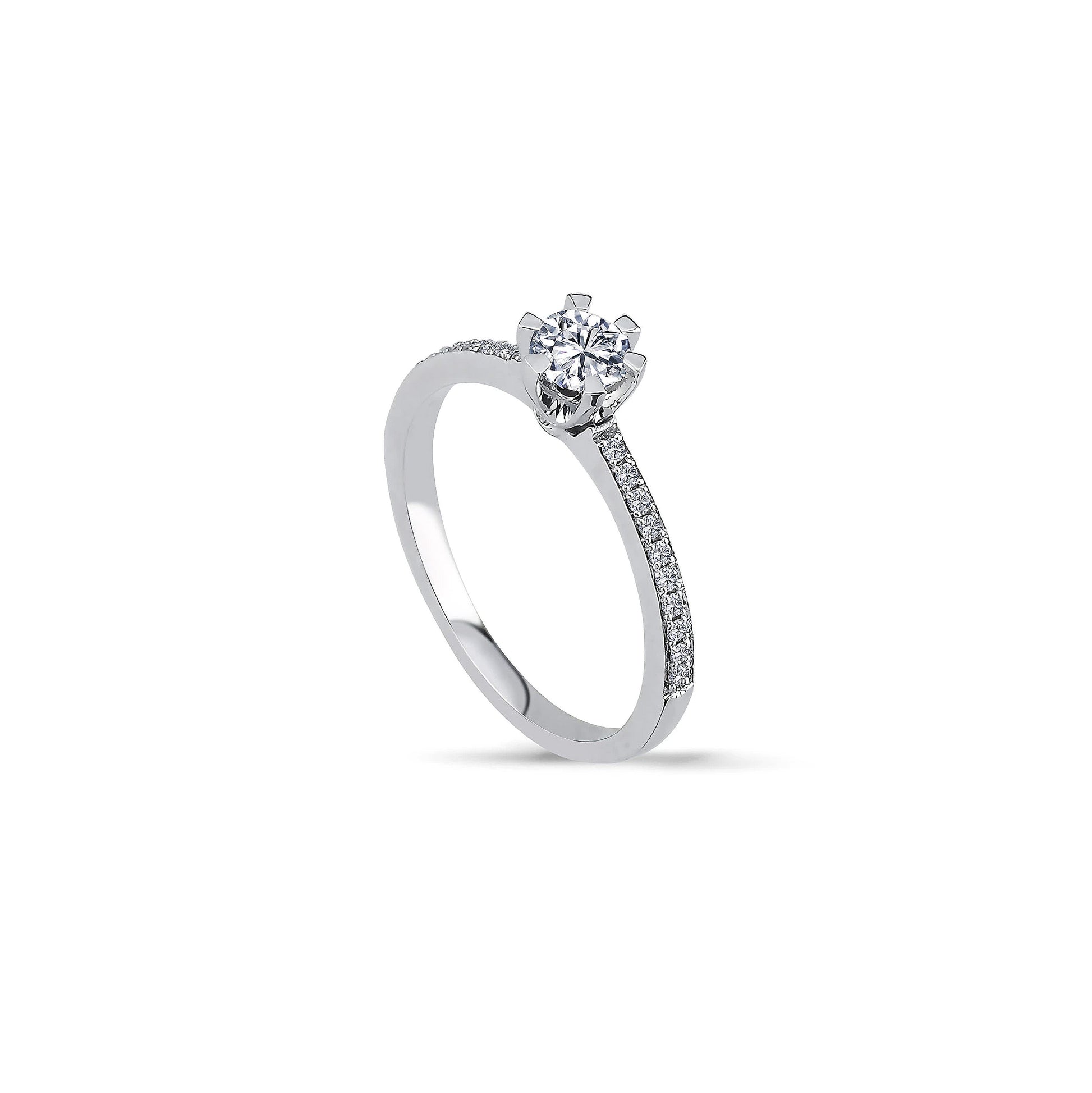 vue de côté bague de fiançailles diamant solitaire rond 0,41 carat en or blanc