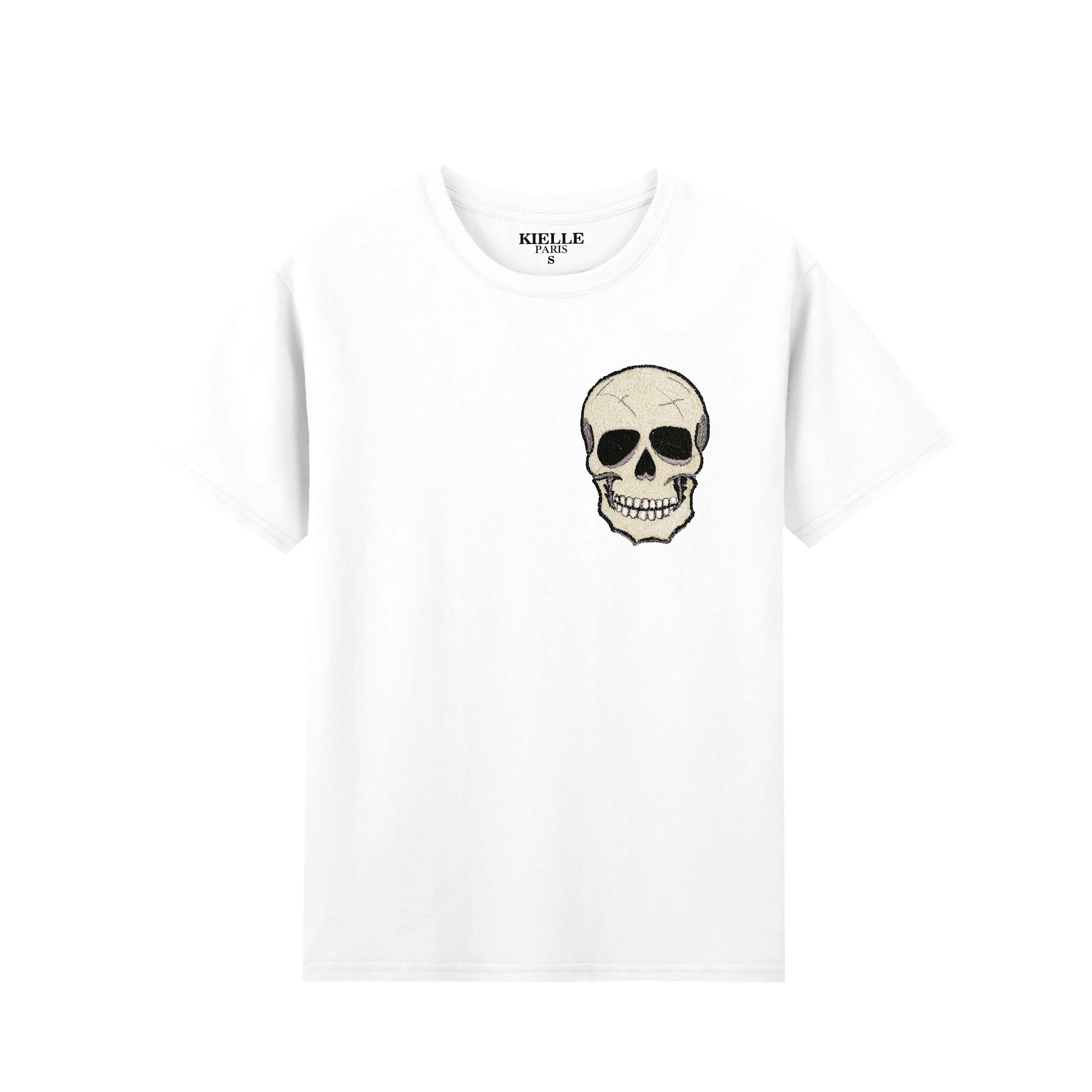 Camiseta unisex blanca con bordado de calavera