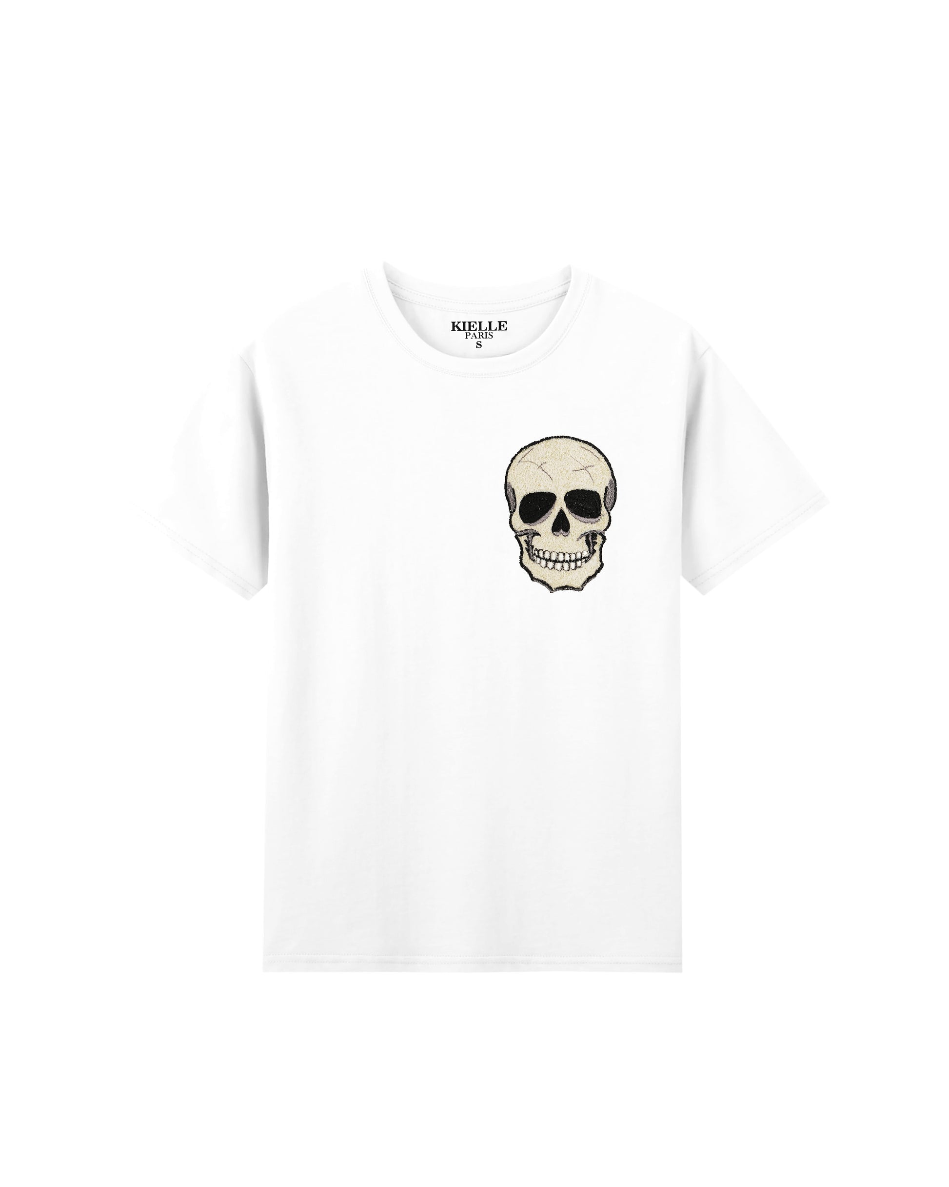 Camiseta unisex blanca con bordado de calavera