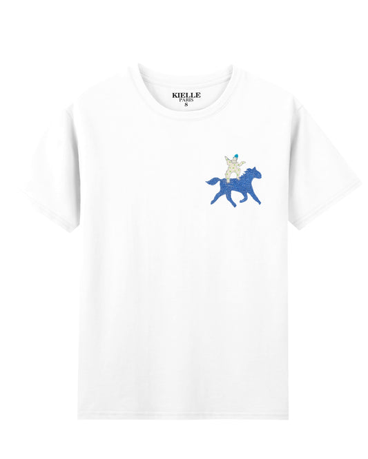 T-shirt unisexe Blanc Brodé "Cavalier Fantasque"